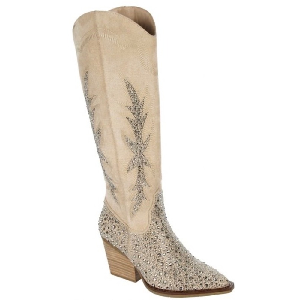 Steve Madden Western Boots Rhinestone Embellished Tan Suede‎ Knee High Size 6.5